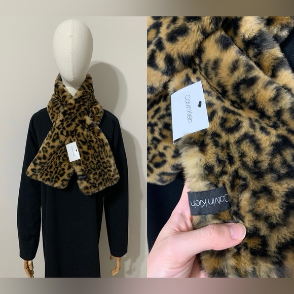 Calvin Klein Leopard Print Faux Fur Scarf - Picture 2 of 16